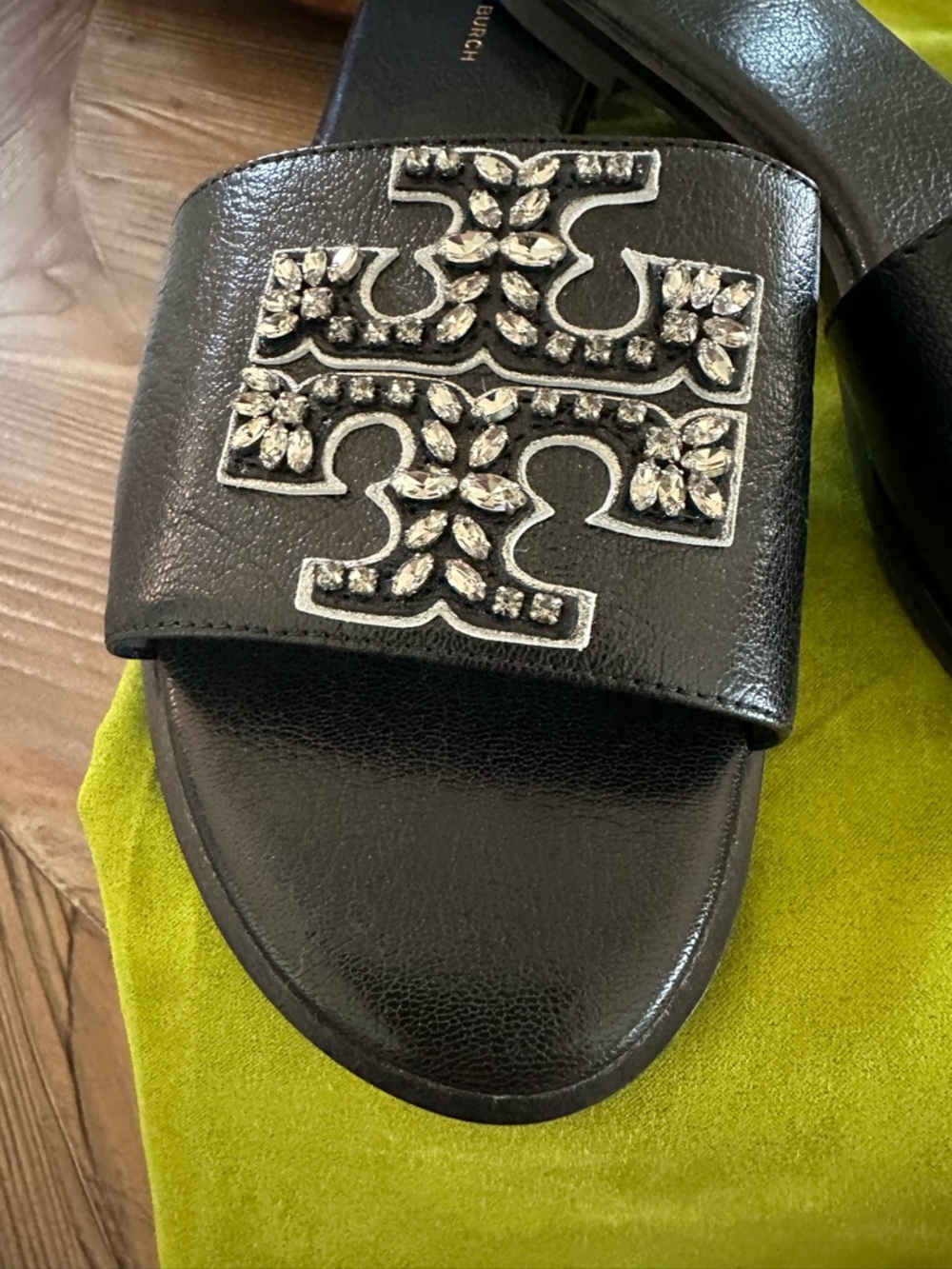 Tory Burch Black Crystal-Embellished Logo Slide Sandals - Picture 3 of 10